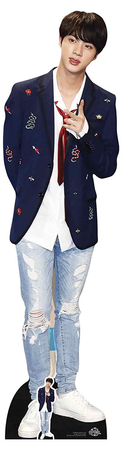 Star Cutouts CS748 Jin BTS Kim Seok-jin Red Tie Lifesize Cardboard Cutout with Free Mini - K-Pop Idol Display, Fan Gift & Party Standee