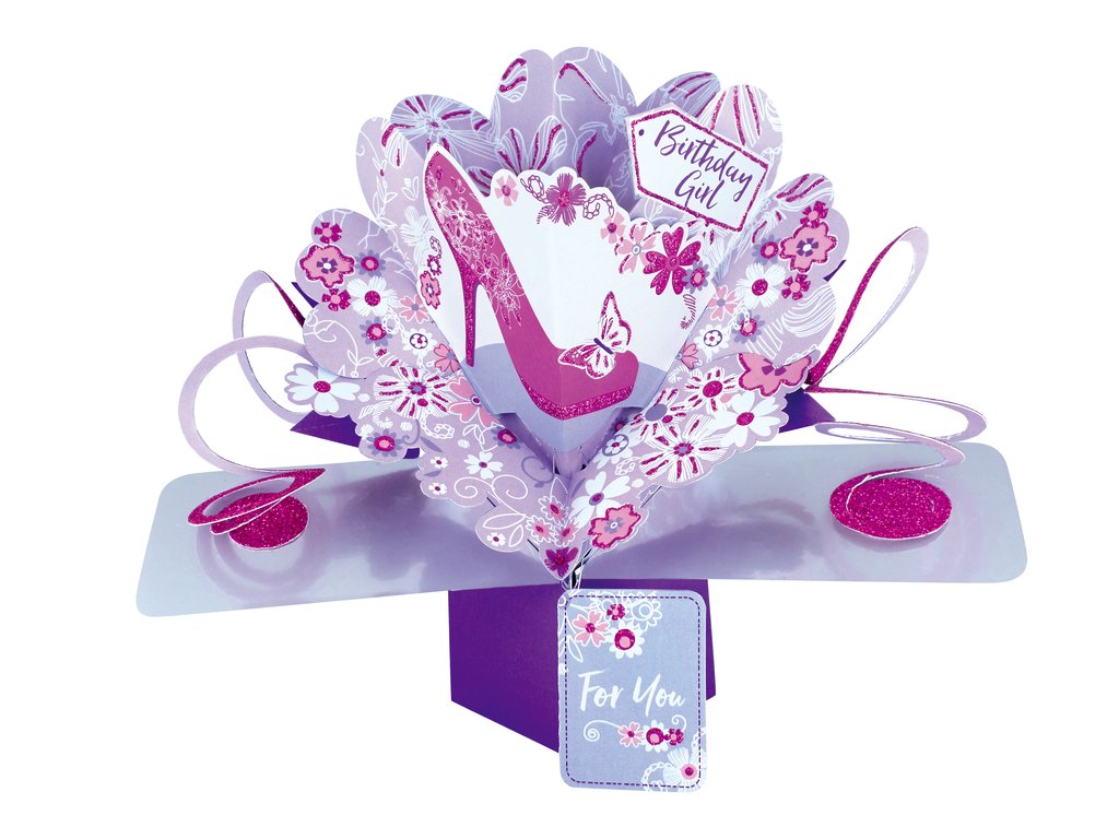 Second Nature 'Birthday Girl' Pink Shoe & Flowers Pop Up Greeting Card - POP140, 20cm x 20cm