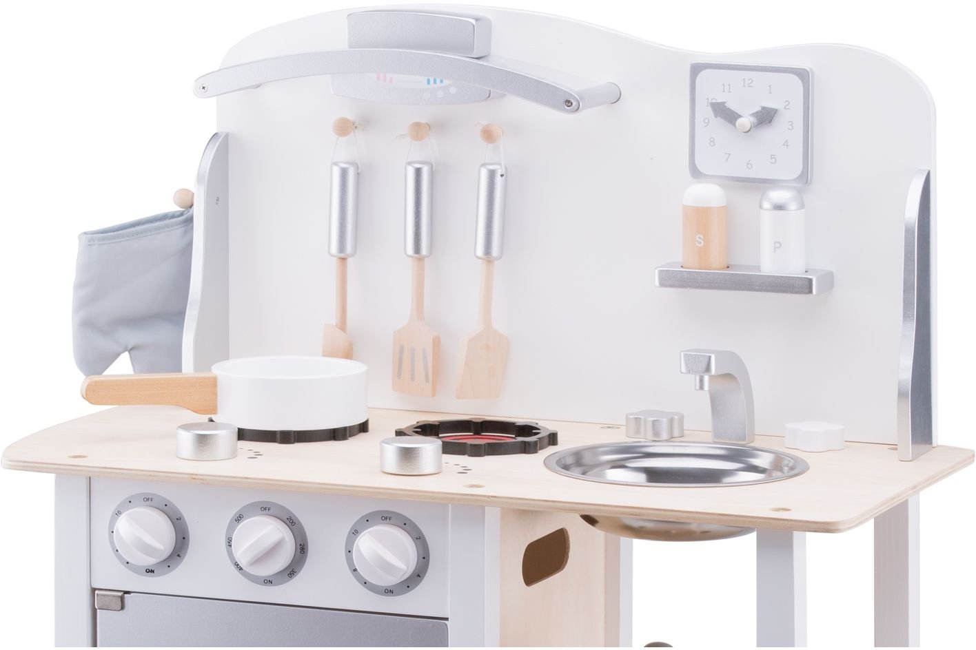 New Classic Toys 11053 Wooden Pretend Toy Kitchen for Kids Role Play Included Accessoires White/Silver, White/Silver - Image 3