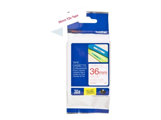 Brother TZe-262 Labelling Tape Cassette, Red on White, 36 mm (W) x 8M (L), Laminated, Brother Genuine Supplies