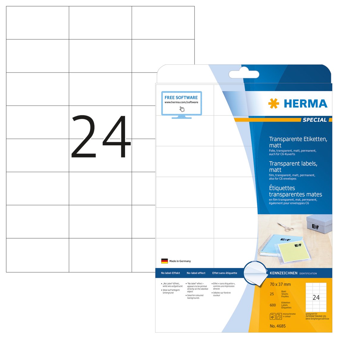 HERMA Self Adhesive Clear Film Labels, 24 Labels per A4 Sheet, 25 Sheets, 70 x 37 mm, 600 Labels