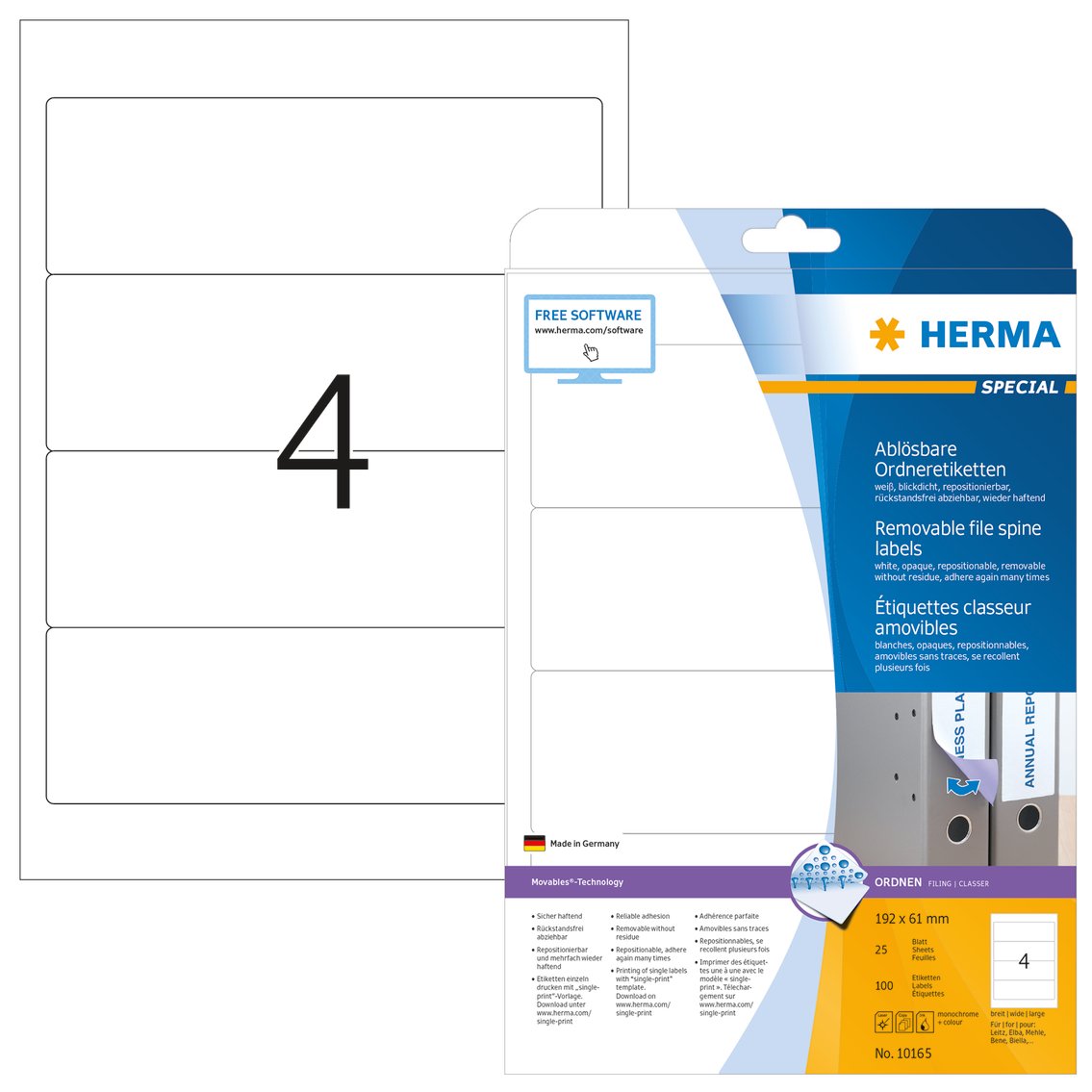HERMA Self Adhesive Removable Spine Labels, 4 Labels per A4 Sheet, 25 Sheets, 192 x 61 mm, 100 Labels