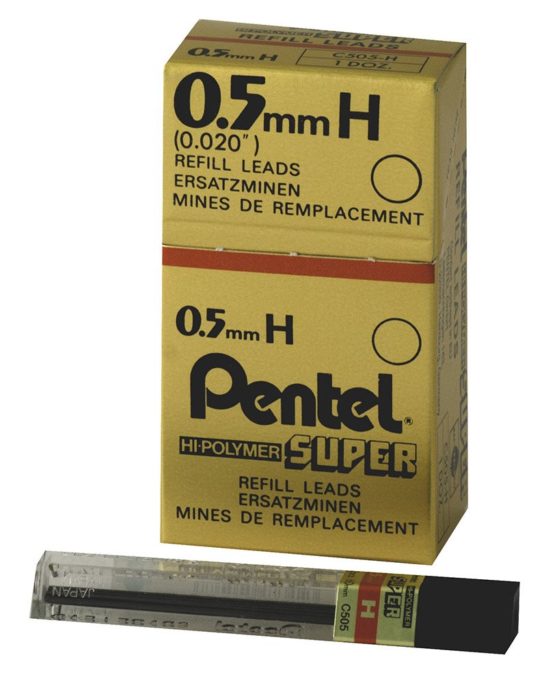 Pentel Super Hi-Polymer refill leads, 0.5 mm, Grade H, 1 pack of 12 tubes