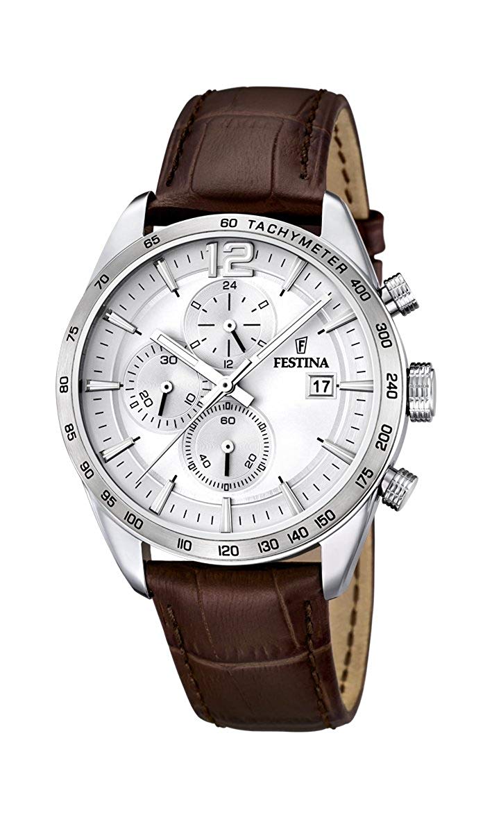 Festina Men's Quartz Watch with White Dial Chronograph Display and Brown Leather Strap F16760/1, White/Brown