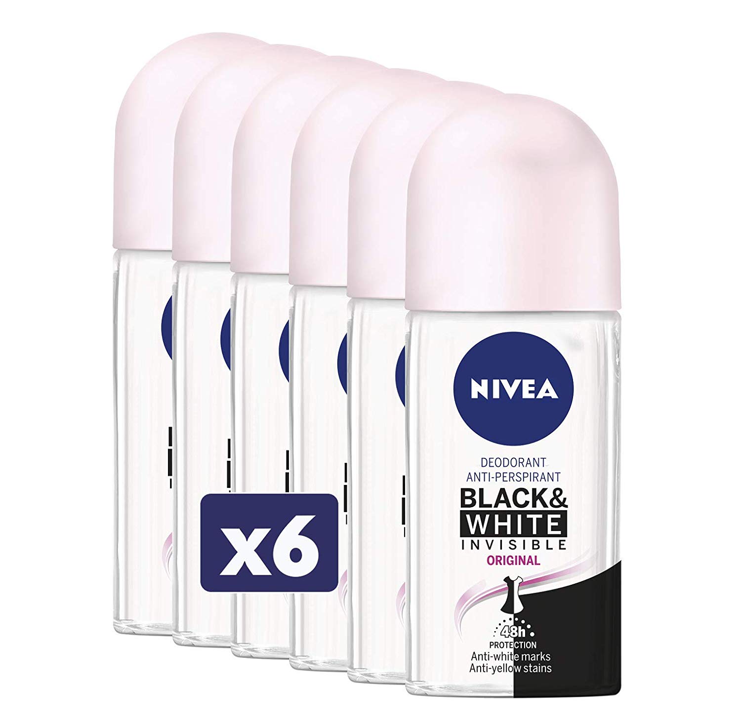 Nivea Black & White Original Roll-On Deodorant, 6 x 50 ml, 50 ml (Pack of 6)