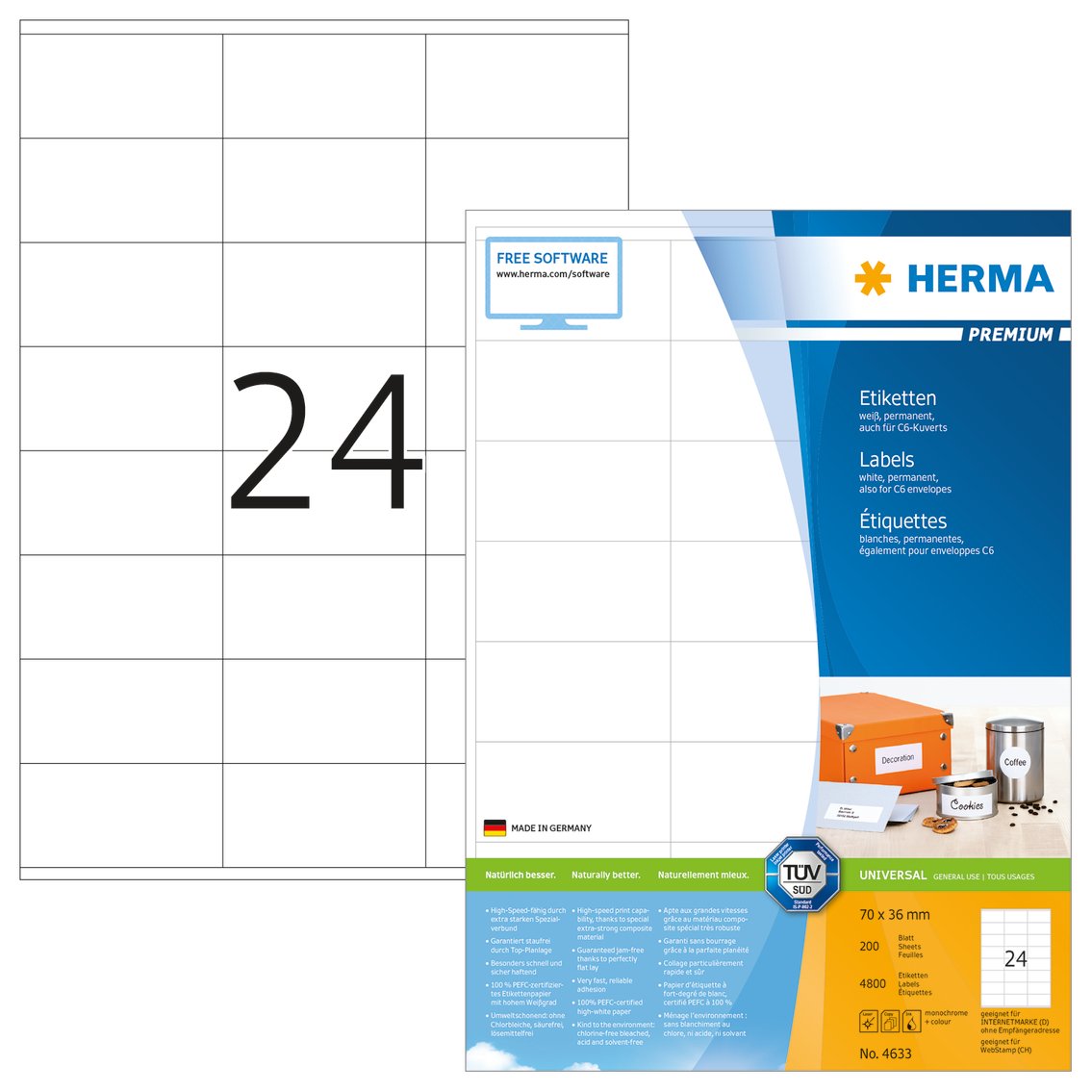 HERMA Self Adhesive Address Labels, 24 Labels per A4 Sheet, 200 Sheets, 70 x 36 mm, 4800 Labels