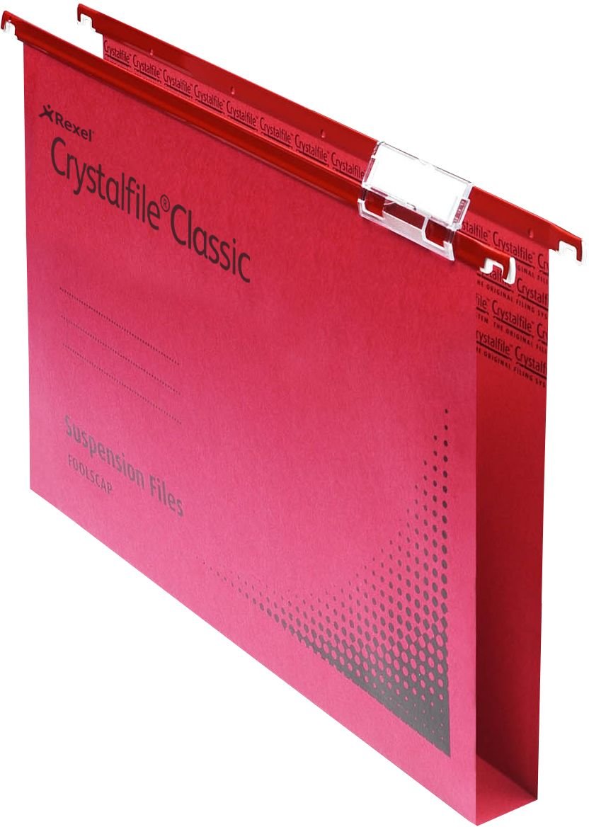 Rexel Foolscap Suspension Files with Tabs and Inserts for Filing Cabinets 30 mm base, 100 Percent Recycled Manilla, Red