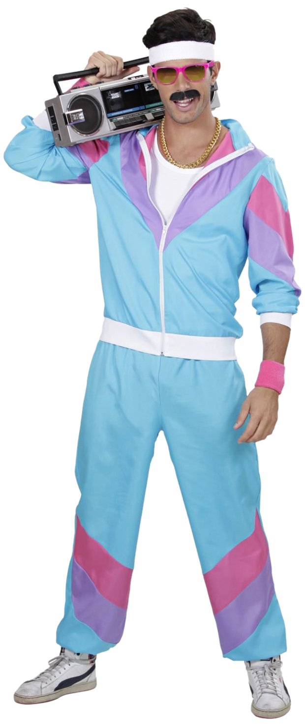 WIDMANN 80s/90s Tracksuit Costume/Outfit, Blue, Pink and Purple, Jacket and Trousers, Disco, Jogging Suit, Retro Style