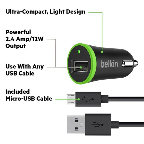 Belkin 2.4 A Universal Car Charger with 1.2 m Micro-USB Cable - Black - Image 2