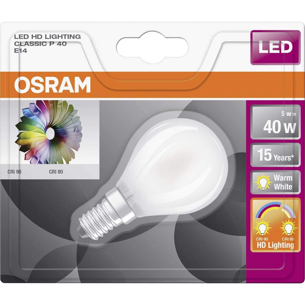 Osram Drop Shape Star+ Classic P Cri90 LED Lamp, Glass, Warm White, E14, 5 W, Set of 1 - Image 2