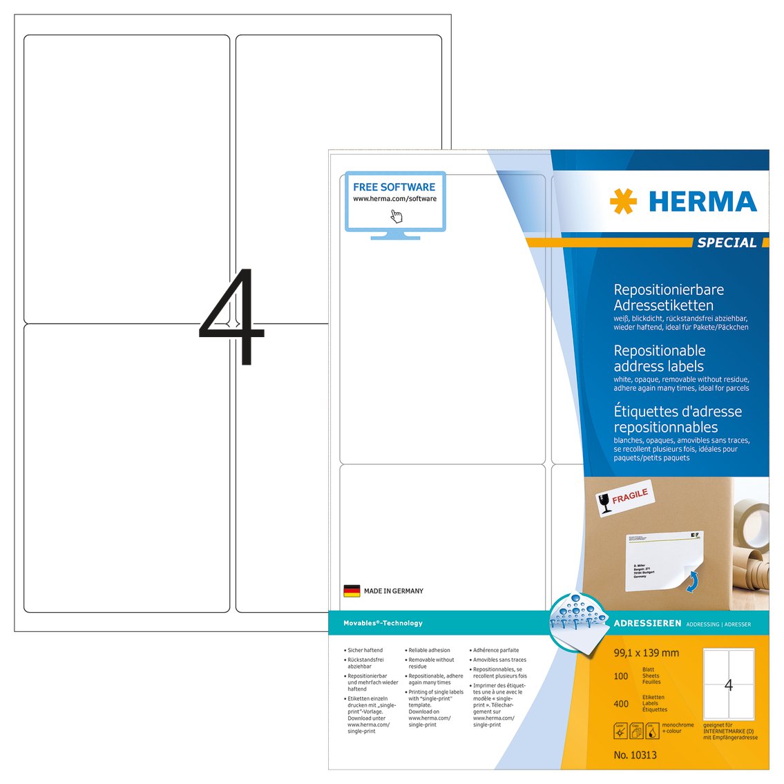 HERMA Self Adhesive Removable Labels, 4 Labels per A4 Sheet, 100 Sheets, 99.1 x 139 mm, 400 Labels
