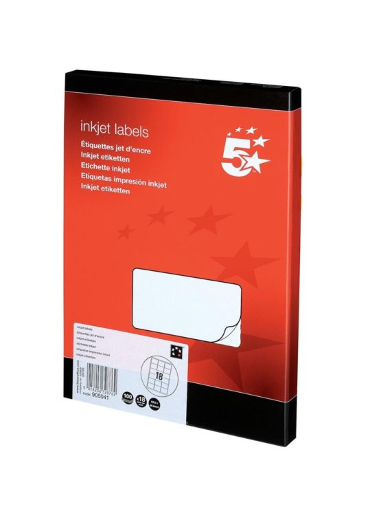 5 Star Addressing Labels Inkjet 18 per Sheet 63.5x46.6mm White [1800 Labels]
