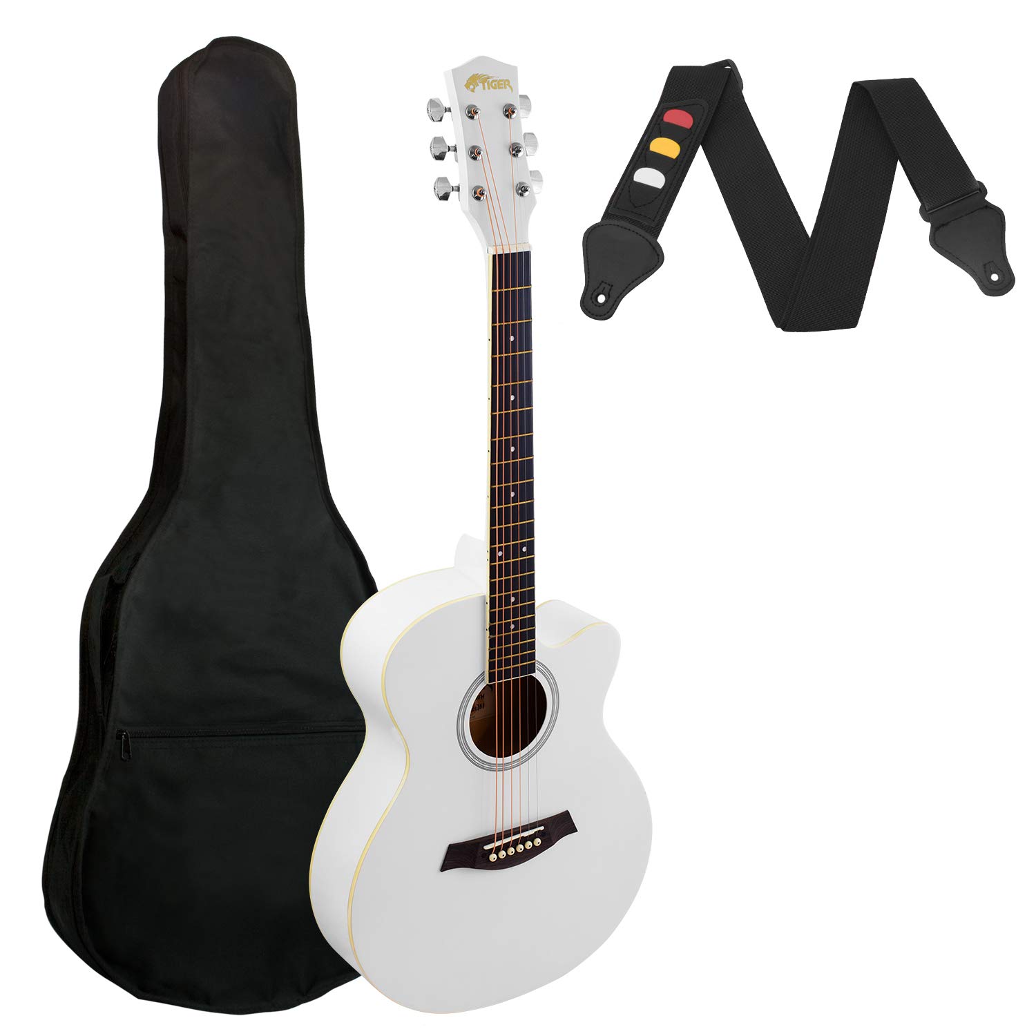 TIGER AL-ACG1-WH Small Body Acoustic Guitar for Beginners Guitar - White - Now with 6 Months Free Lessons Included