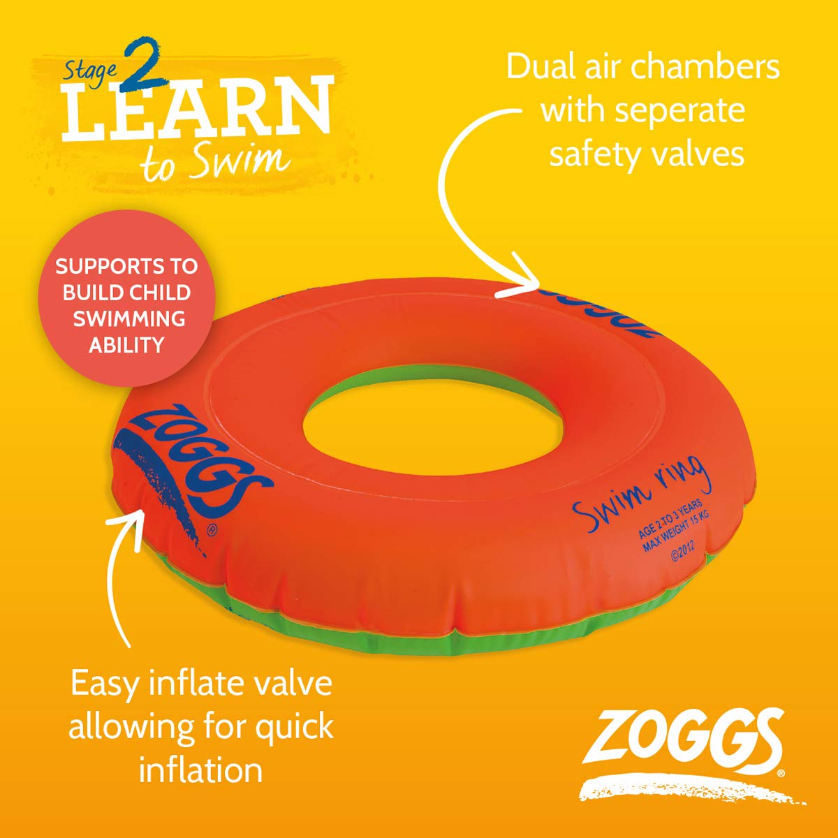 Zoggs Kids Swim Inflatable Floatation Ring, Swim Ring - Orange, 2-3 Years, Orange/Green - Image 2