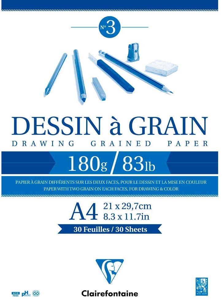 Clairefontaine, Ref 96624C, White Grained Drawing Paper Glued Pad (30 Sheets), A4 Sized, 180gsm Paper