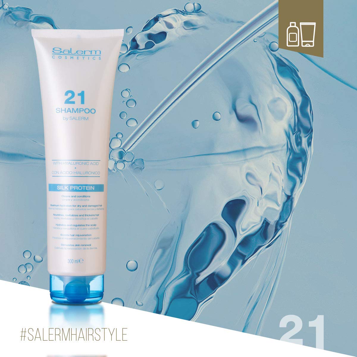 SALERM, Moisturizing Shampoo, Salerm 21 Silk Protein, 300 ml, for Dry and Damaged Hair, with Silk Proteins, Nourishes - Image 2