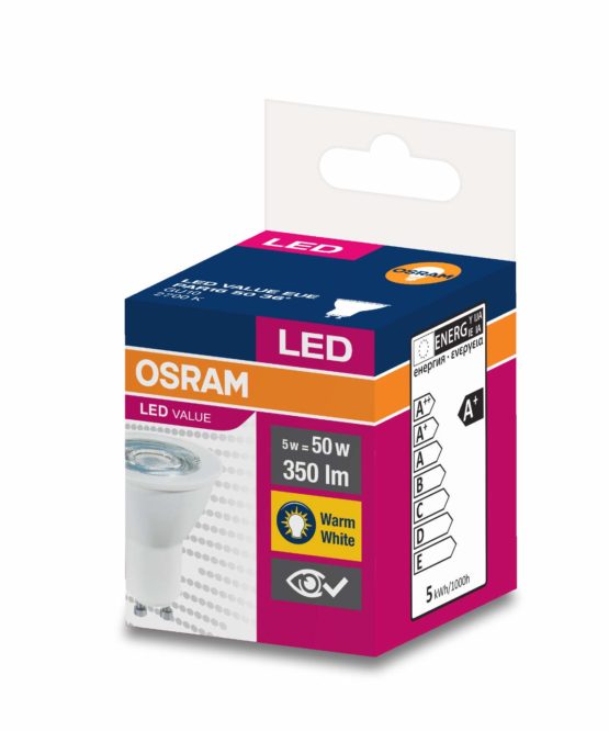 Osram LED Value PAR16/LED Reflector Lamp, PAR16, for Line Voltage Operation, with Pin Base: GU10, 5 W, 220 to 240 V, 50 W Replacement, Beam Angle: 36 Degrees, Warm White, 2700 K, Pack of 1 - Image 3