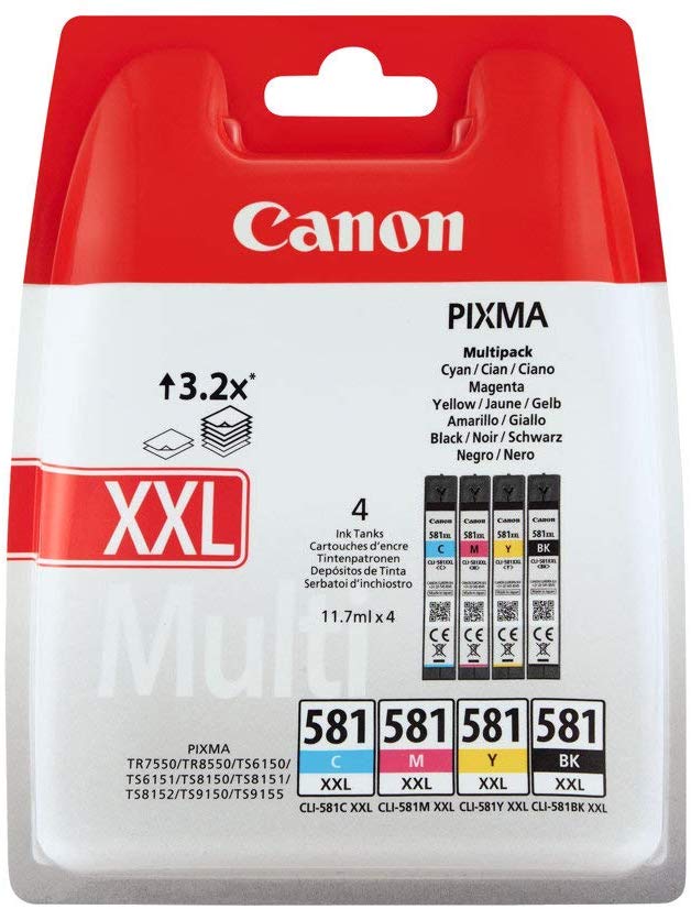 Canon Genuine Printer Ink Multipack of 4 x CLI-581XXL Ink Cartridges in Cyan, Magenta, Yellow and Black