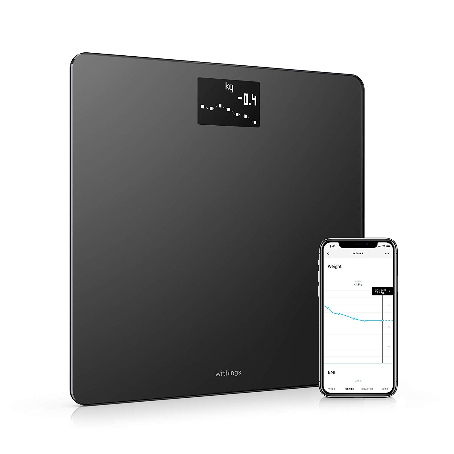 Withings Body - Wi-Fi Smart Scale Tracks BMI, Digital Weight Bathroom Scale, App Sync Via Bluetooth or Wi-Fi, Black