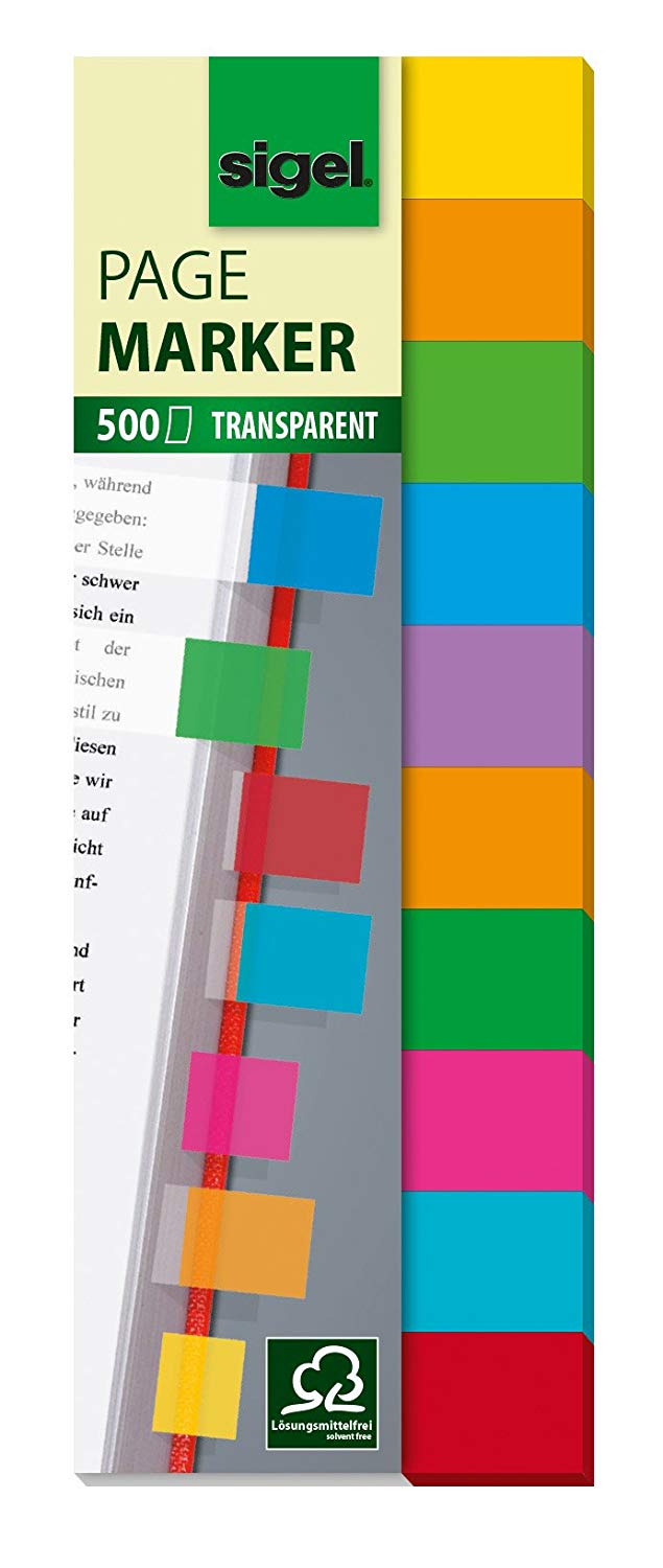 SIGEL HN684 Transparent Index Page Markers, 10 colours in a set, 500 strips, Mult-color, 200 x 54 mm