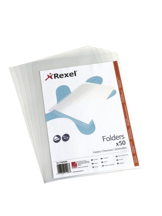 Rexel Nyrex Heavy Duty A4 Document Folder, Glass Clear, Heavy Duty 160mic, Cut Flush, L-Folder, Pack of 50, 21685090 - Image 3