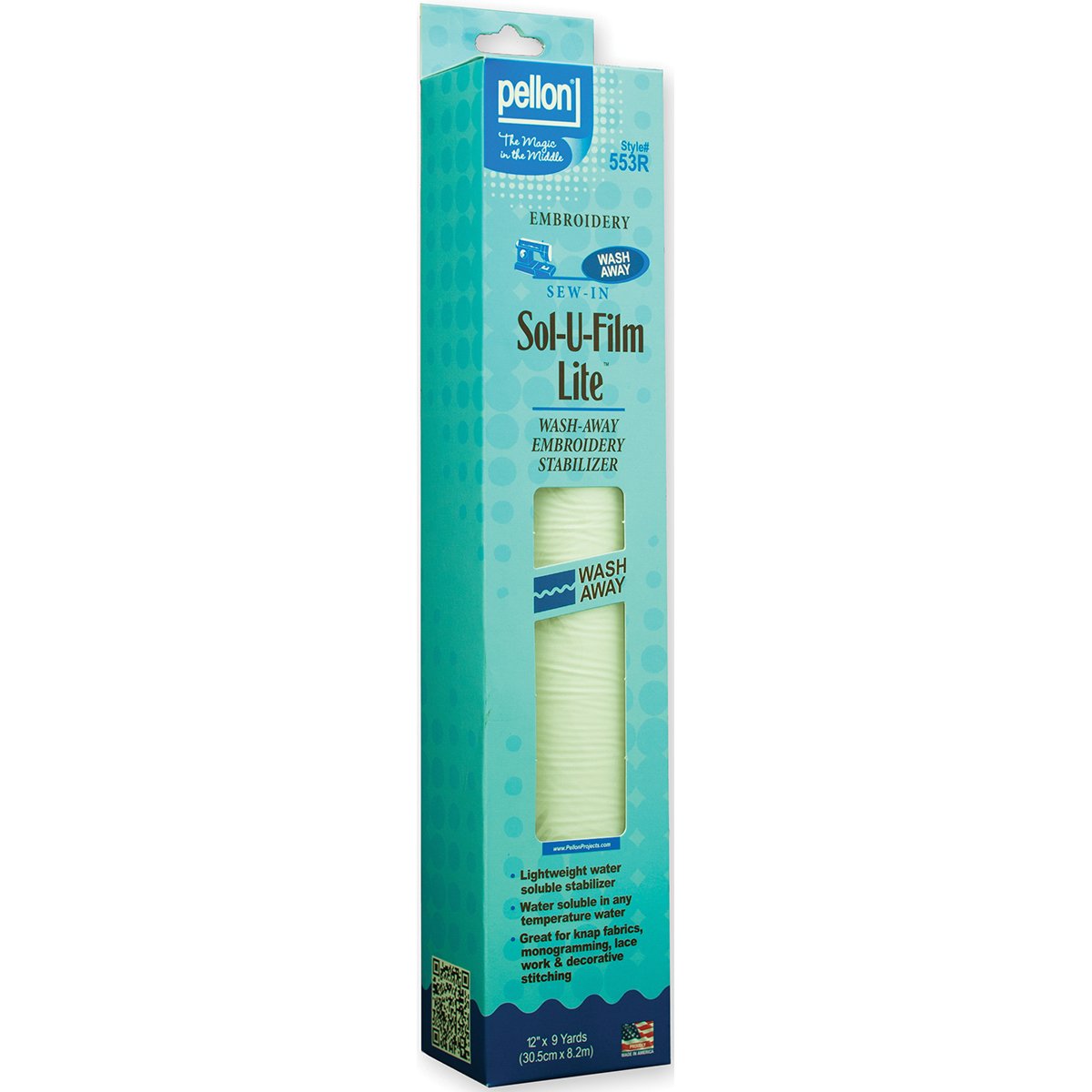Pellon Sol-U-Film Lite Wash Away Embroidery Stabilizer, White, 12 x 9yd