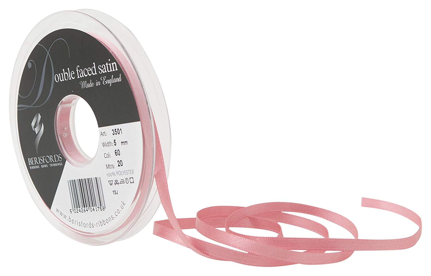 Berisfords Double FACE Poly Satin Ribbon, Dusky Pink, 5 mm