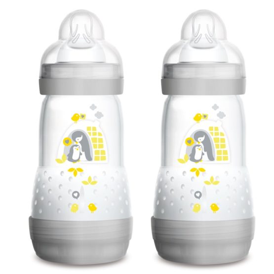 MAM Easy Start Self Sterilising Anti-Colic Baby Bottle Pack of 2 (2 x 260 ml), MAM Bottles with Medium Flow MAM Teats, Newborn Essentials, Grey (Designs May Vary)