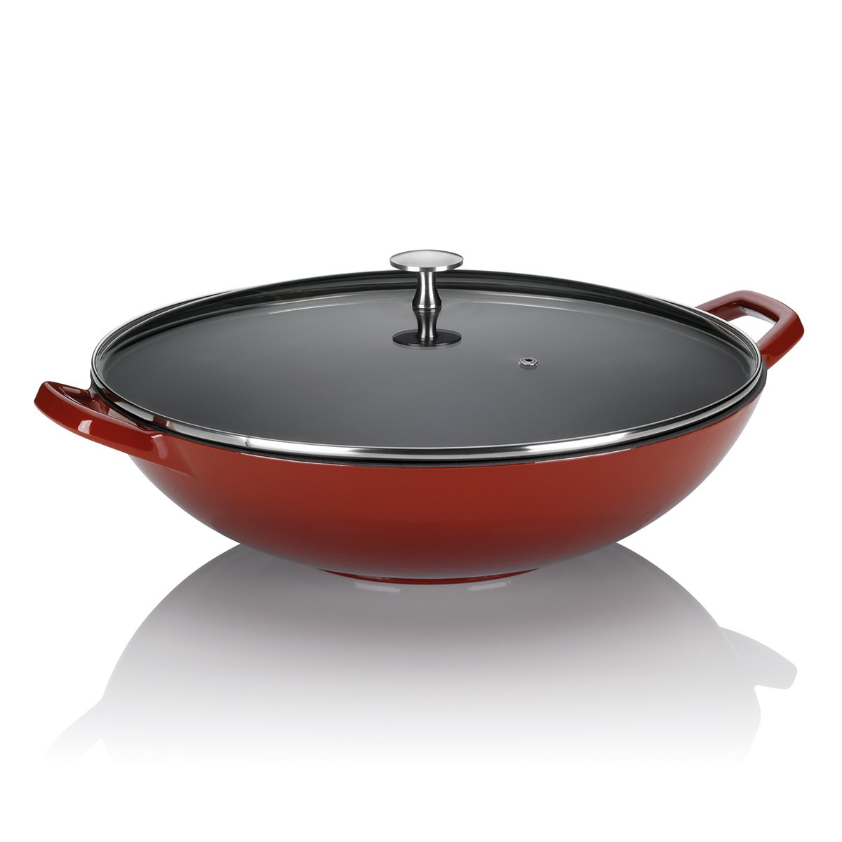 kela cast Iron Wok with Glass lid 36 cm CALIDO, Induction Wok, Wok pan with lid, Enamelled, red, 36,00x36,00x10,00 cm