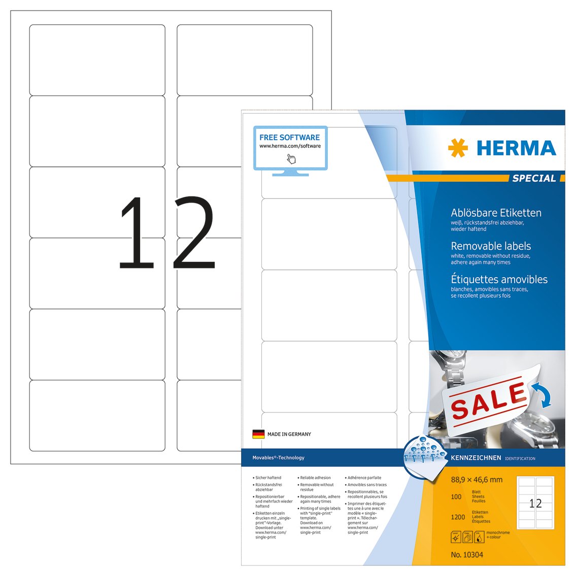 HERMA Self Adhesive Removable Labels, 12 Labels per A4 Sheet, 100 Sheets, 88.9 x 46.6 mm, 1200 Labels
