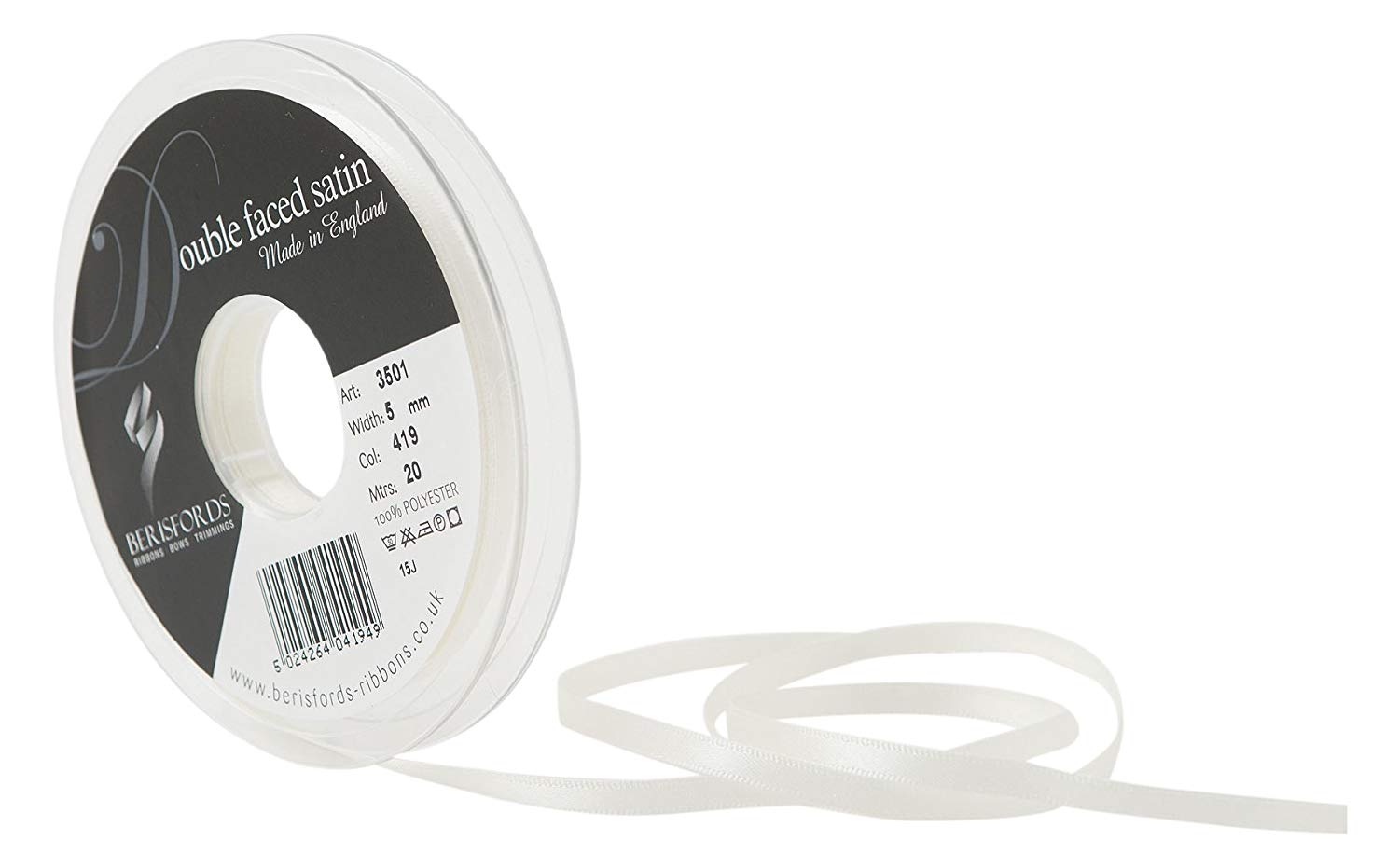 Berisfords Double FACE Poly Satin Ribbon, Bridal White, 5 mm