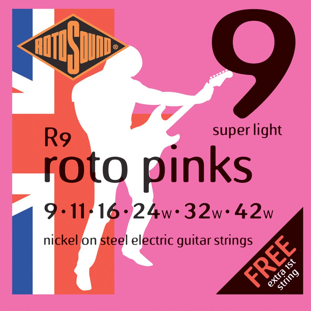 Rotosound Nickel Super Light Gauge Electric Guitar Strings (9 11 16 24 32 42), R9, silver, Set Super Light 9-42 R9