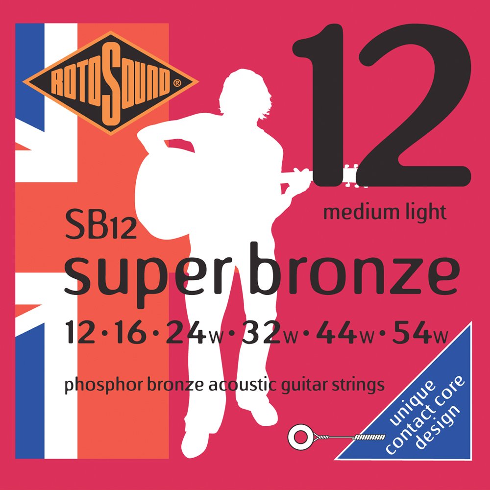 Rotosound Strings for Acoustic Guitar SUPER BRONZE 6-string SB12, White Black Red Blue, Set Medium Light 12-54 SB12