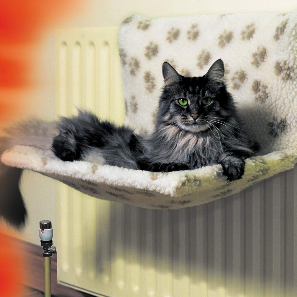 Danish Design Beige Pawprint Kumfy Kradle Cat/Kitten Machine Washable Sherpa Fleece Narrow Radiator Bed, Clear