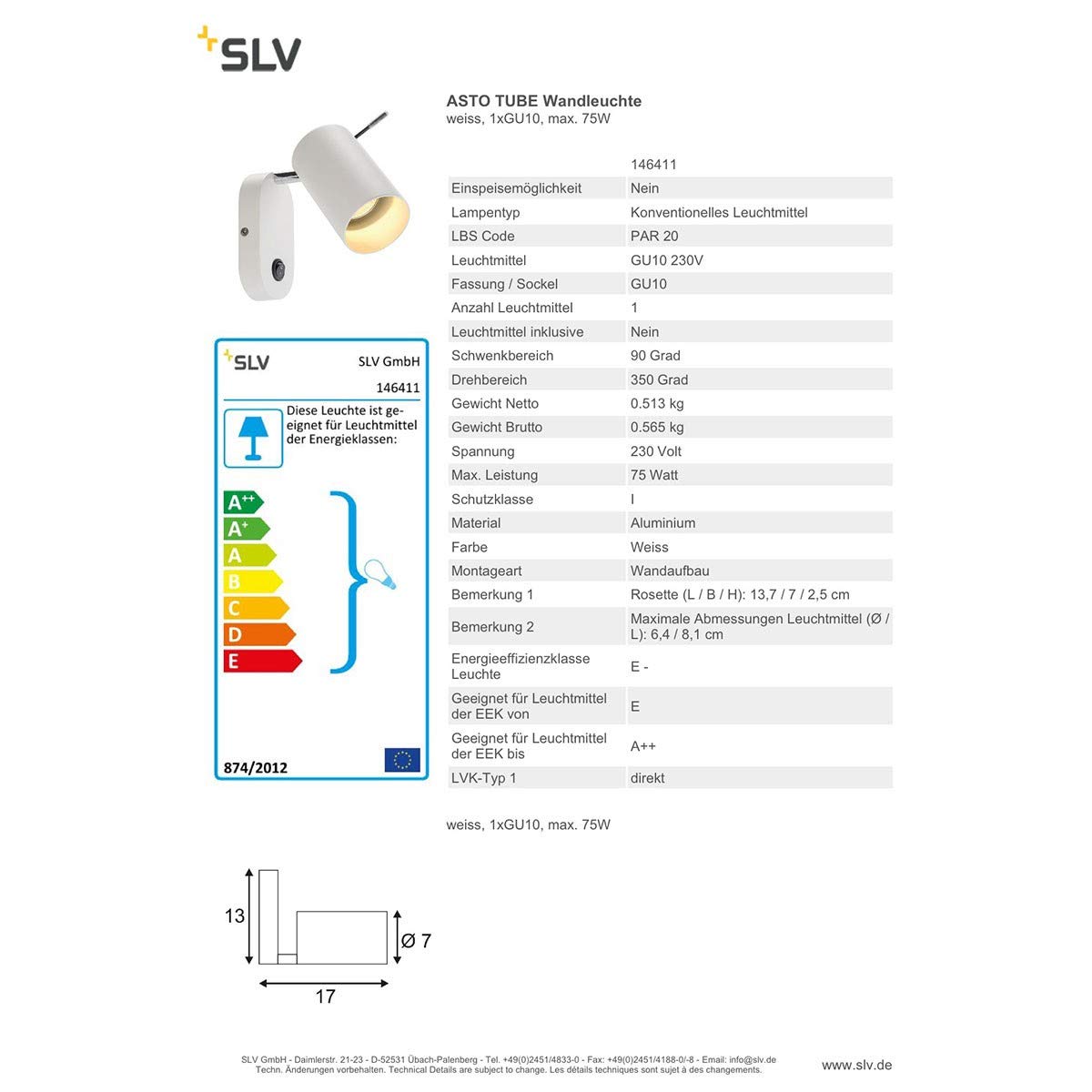 SLV ASTO Tube Wall Light, White, 1xGU10, max. 75W, Aluminium - Image 3