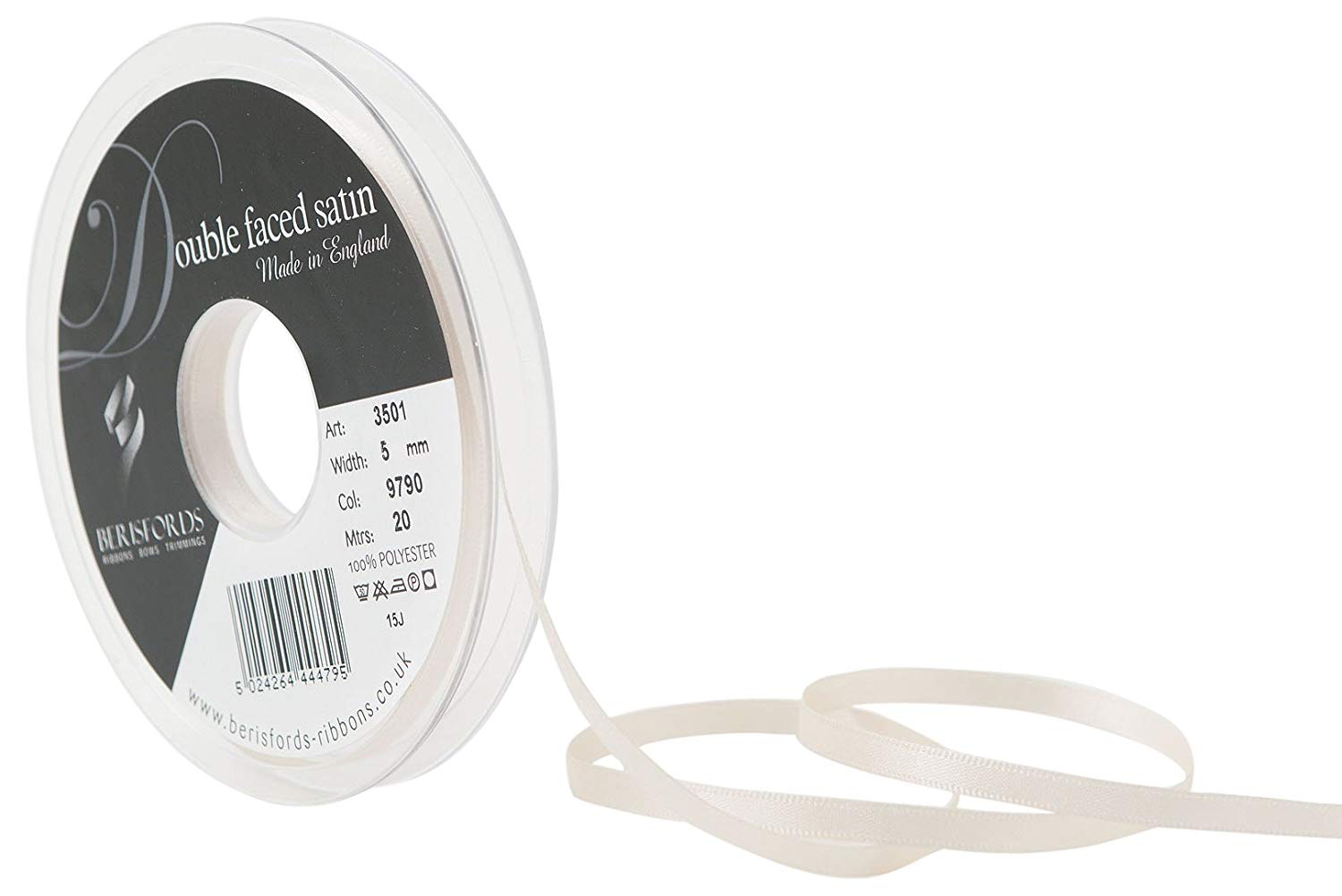 Berisfords Double FACE Poly Satin Ribbon, Pearl, 10x1x10 cm, 5 mm