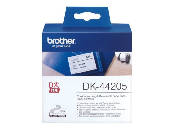 Brother DK-44205 Label Roll, Removable Continuous Length Paper, Black on White, Single Label Roll, 62mm (W) x 30.48M (L), Brother Genuine Supplies