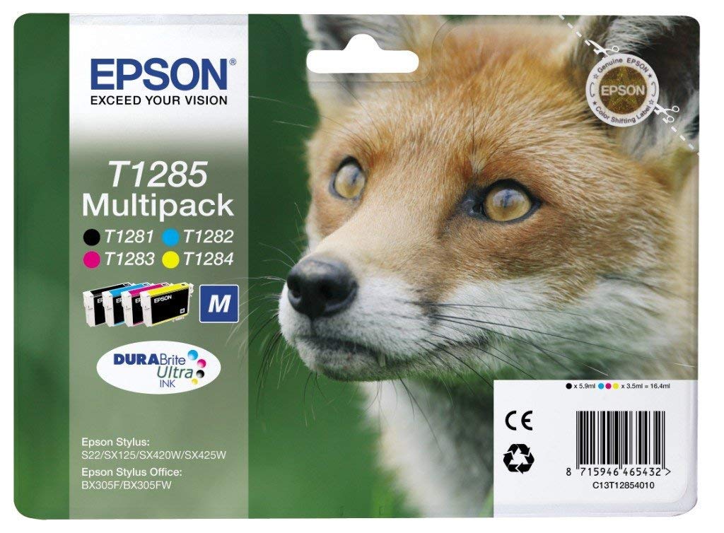 Epson T1285 Fox Genuine Multipack, Eco-Friendly Packaging, 4-colours Ink Cartridges, DURABrite Ultra Ink, 4 Colour C/M/Y/Blk, Standard