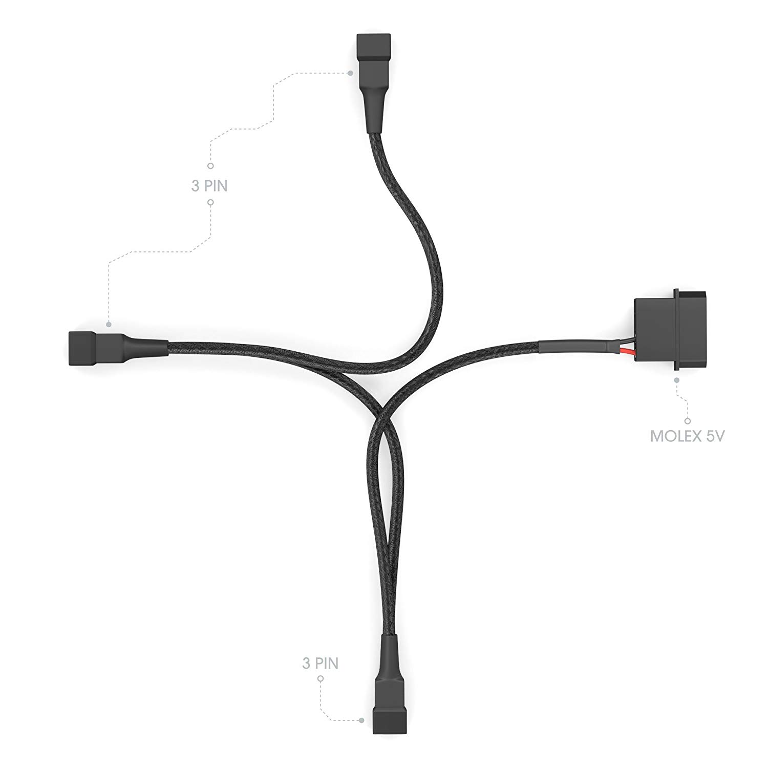 KabelDirekt - 20-20-20cm 4-pin Molex (5.25“) 5V to 3x 3-pin 2-pole connector fan distribution cable, Black - Image 3