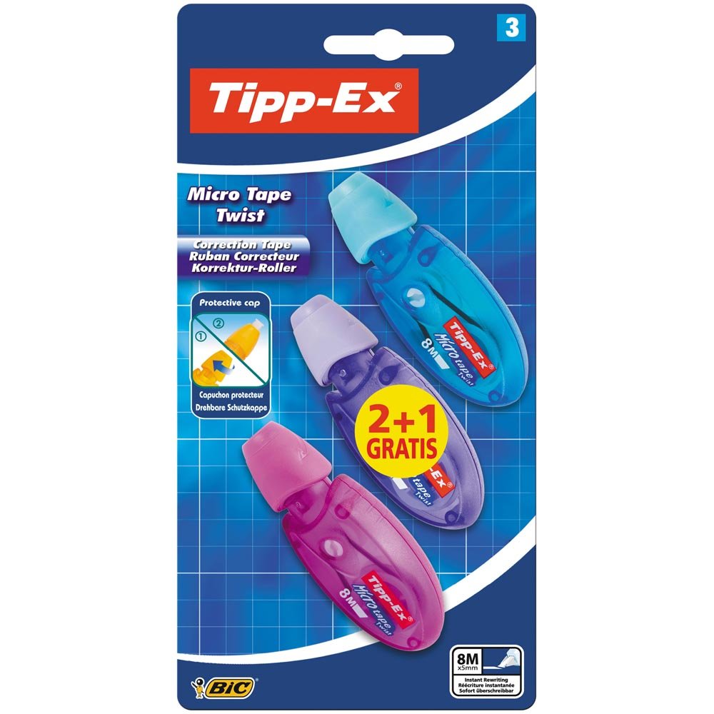 Tipp-Ex Micro Tape Twist - Assorted Colours (Value Pack of 2, Plus 1 Free), multicoloured
