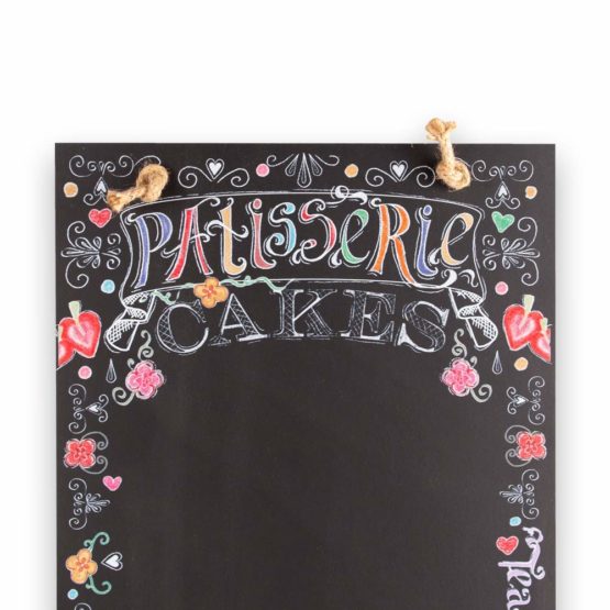 Chalkboards UK CHB137 Patisserie Tall Thin Chalkboard/Blackboard/Memo Kitchen Board with Rope, Tray and Chalk. Booths Design Range, Wood, Black, 60 x 26.5 x 1 cm - Image 2