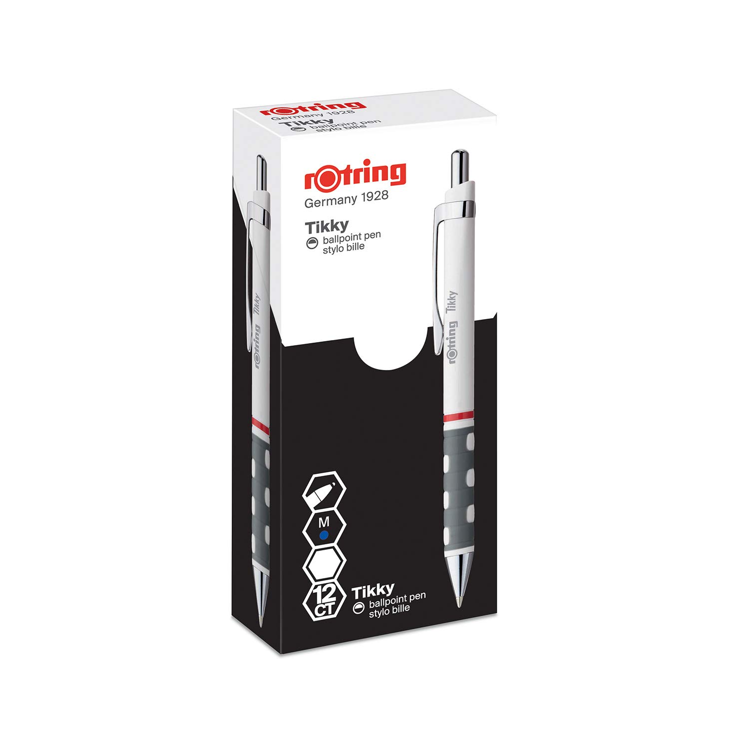rOtring Tikky Lightweight Ballpoint Pen with Rubberised Grip - White Barrel, Box of 12, 12 Count (Pack of 1)