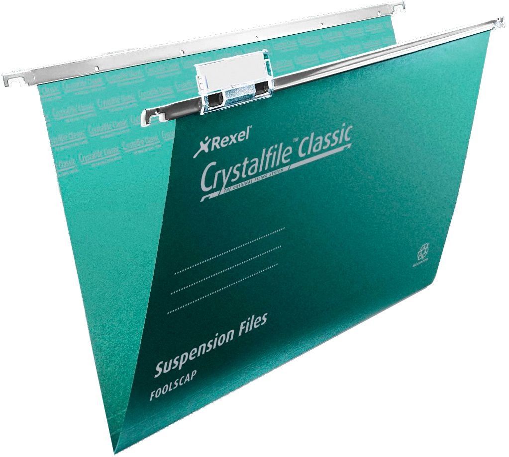 Rexel Foolscap Suspension Files with Tabs and Inserts for Filing Cabinets 15 mm V base, 100 Percent Recycled Manilla, Green