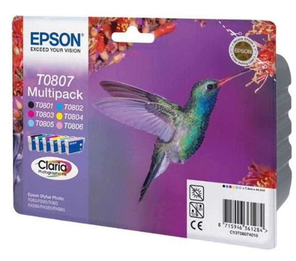 Epson T0807 Hummingbird Genuine Multipack, 6-colours Claria Photo HD Ink Cartridges, 6 Colour C/M/Y/B/lC/lM, Standard