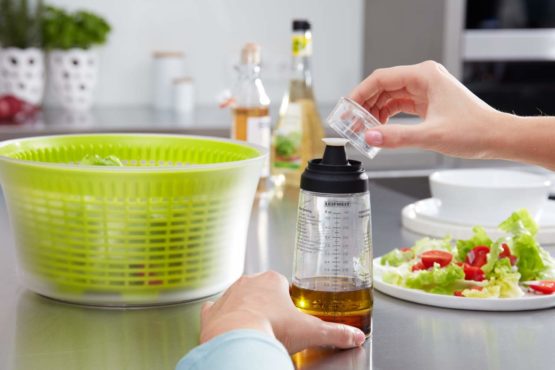 Leifheit Salad Dressing Shaker, 5 Imprinted Recipes, Glass Bottle, Non-Drip Spout, Dishwasher Safe, Black Transparent, 300 ml Measuring, Salad Dressing Pots, dressing maker - Image 3