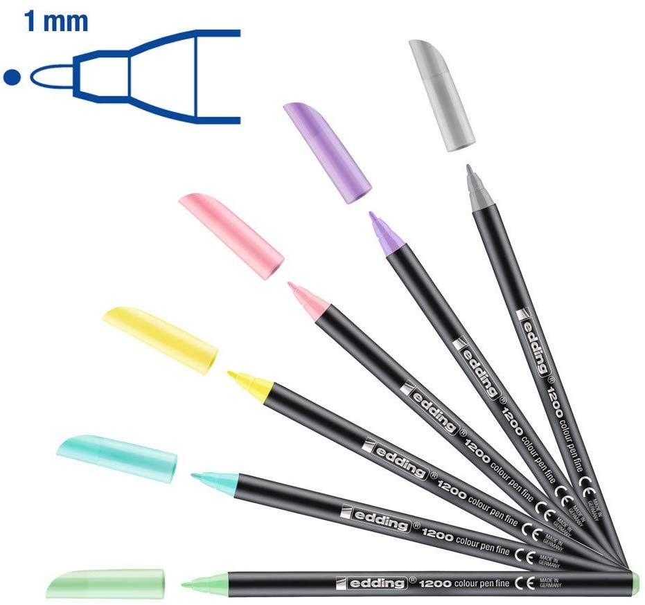 edding 1200 colour pen fine, set of 6 pastel colours, round nib 1 mm, felt-nib pen for drawing and writing
