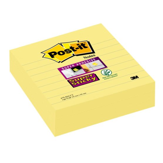 Post-it 101 x 101 mm Super Sticky Lined Notes - Canary Yellow (Pack of 3)
