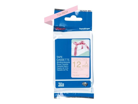 Brother TZe-RE34 Labelling Tape Cassette, Gold on Pink, 12 mm (W) x 4M (L), Ribbon Tape, Brother Genuine Supplies