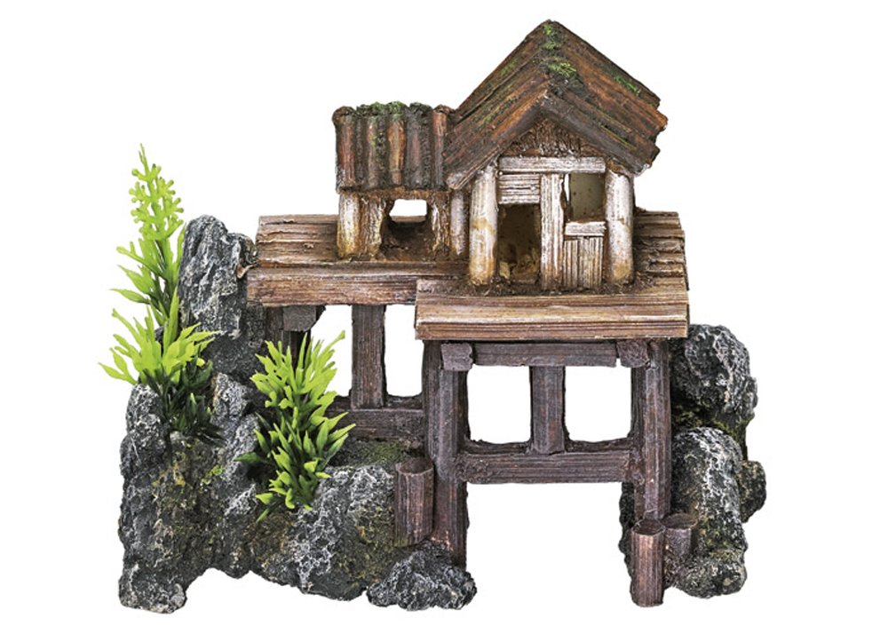 Nobby Wooden House with Plants Aquarium Ornaments, 15.5 x 8 x 12 cm, Nan, 1 Unité (Lot de 1)