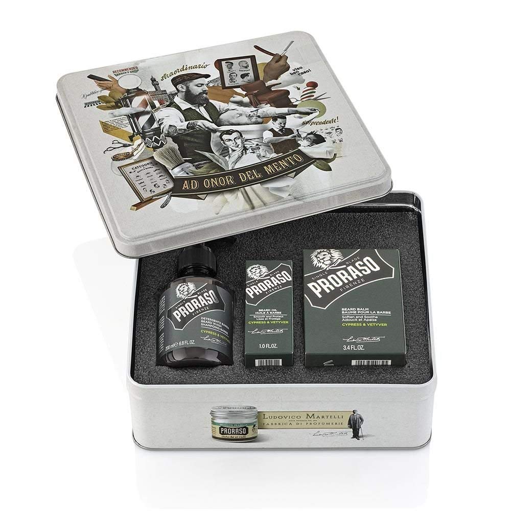Proraso Beard Care Trio Set, Cypress and Vetyver, Includes Nourishing Beard Oil, Cleansing Shampoo and Soothing Beard Balm